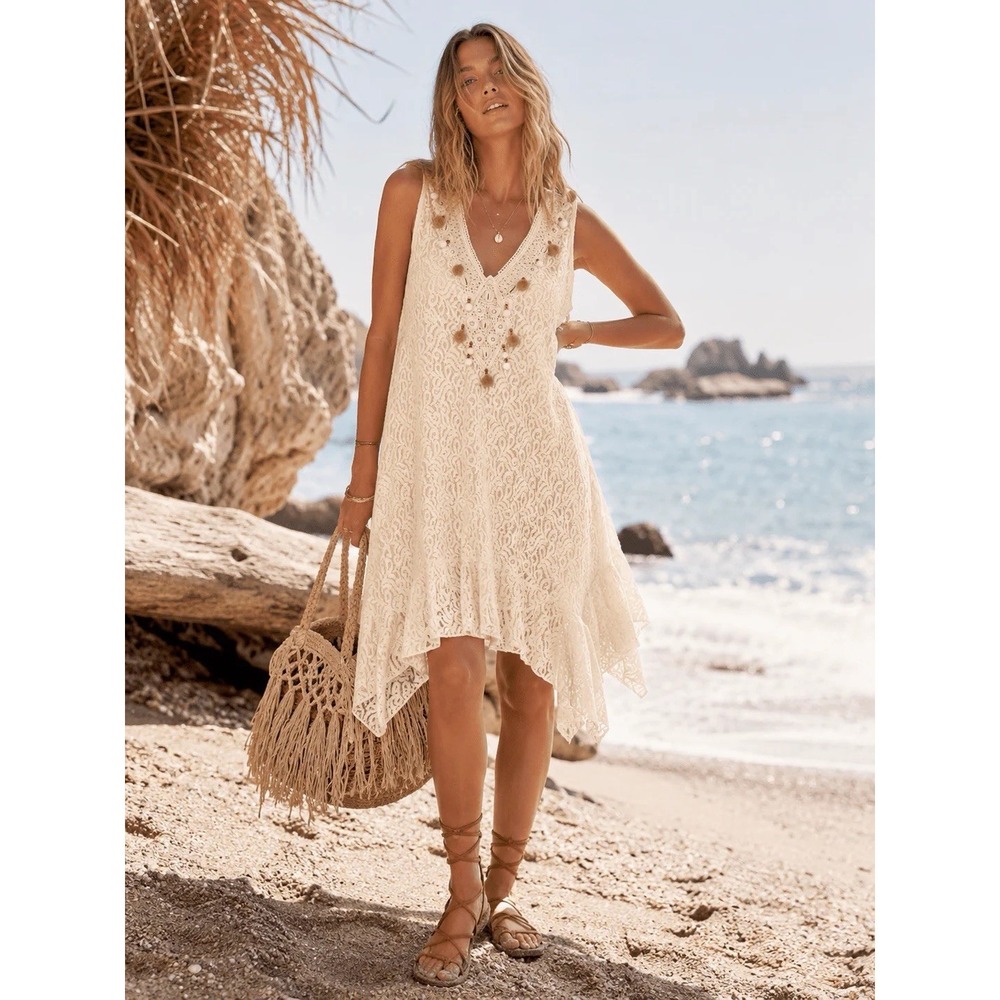 ADDCONFDT NWT Boho Lace Dress Small Ivory Sleeveless Handkerchief Hem Embellishe
